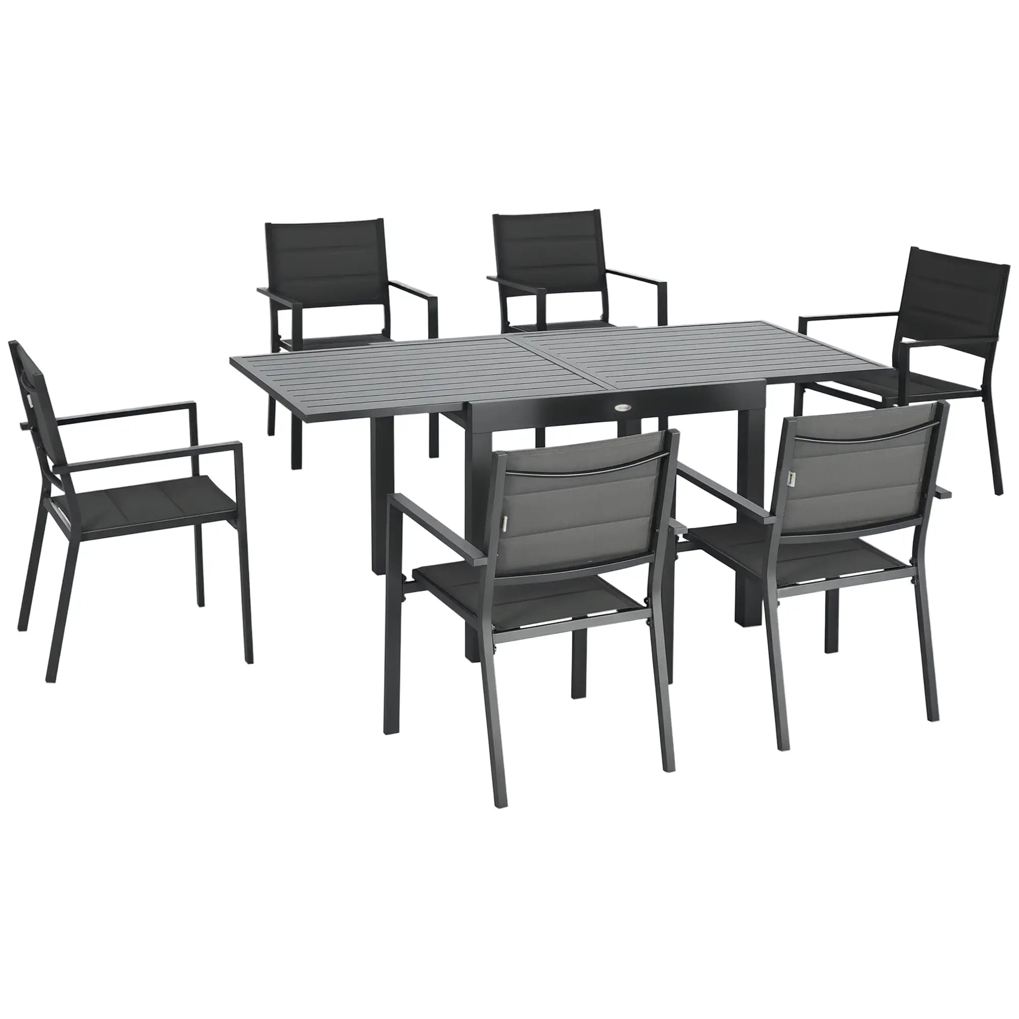 Conjunto de Jardim Refeição de 7 Peças com Mesa Extensível e 6 Cadeiras Empilháveis 90-180x89x74cm Cinza
