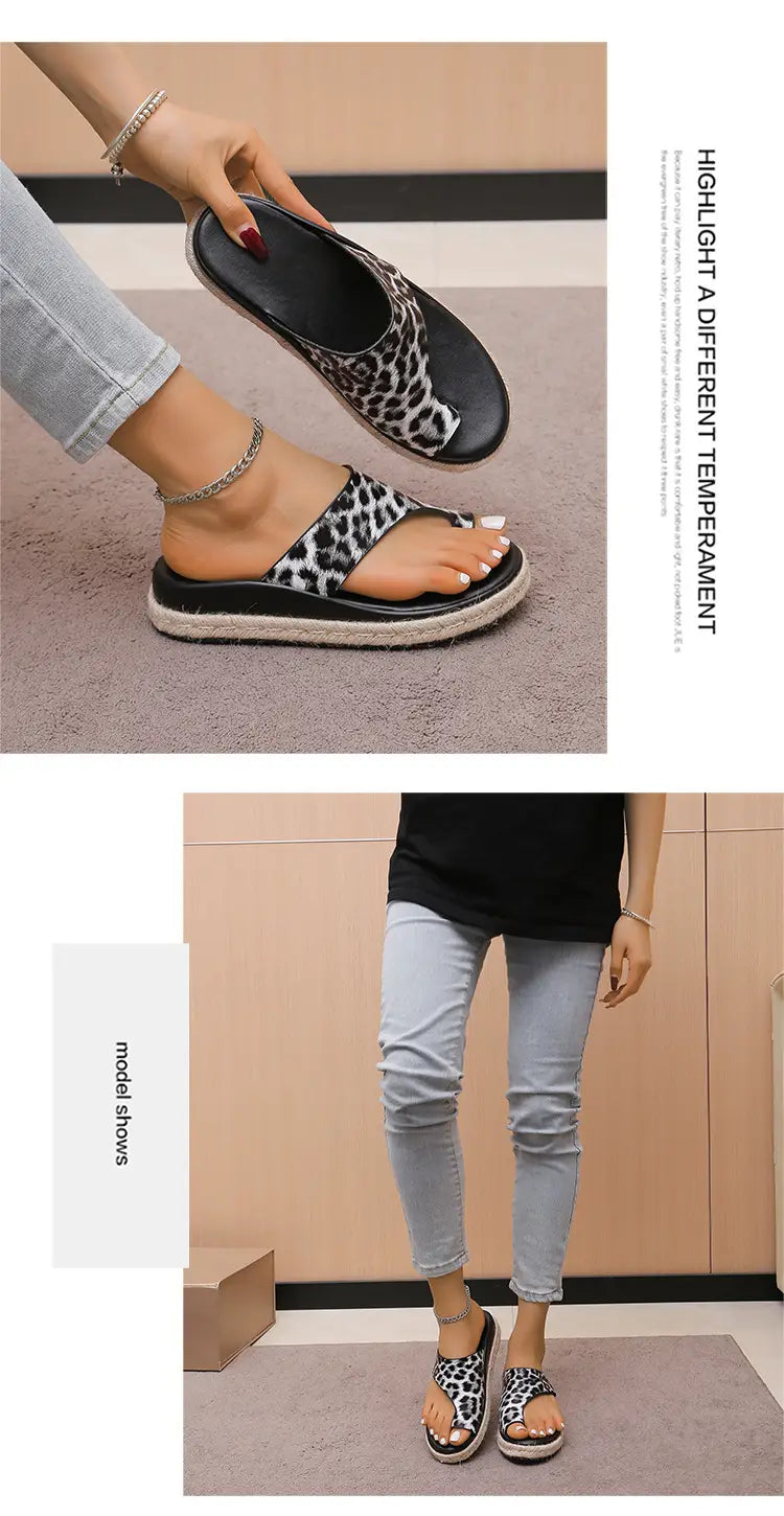 Sandálias de senhora de sola grossa com padrão leopardo
