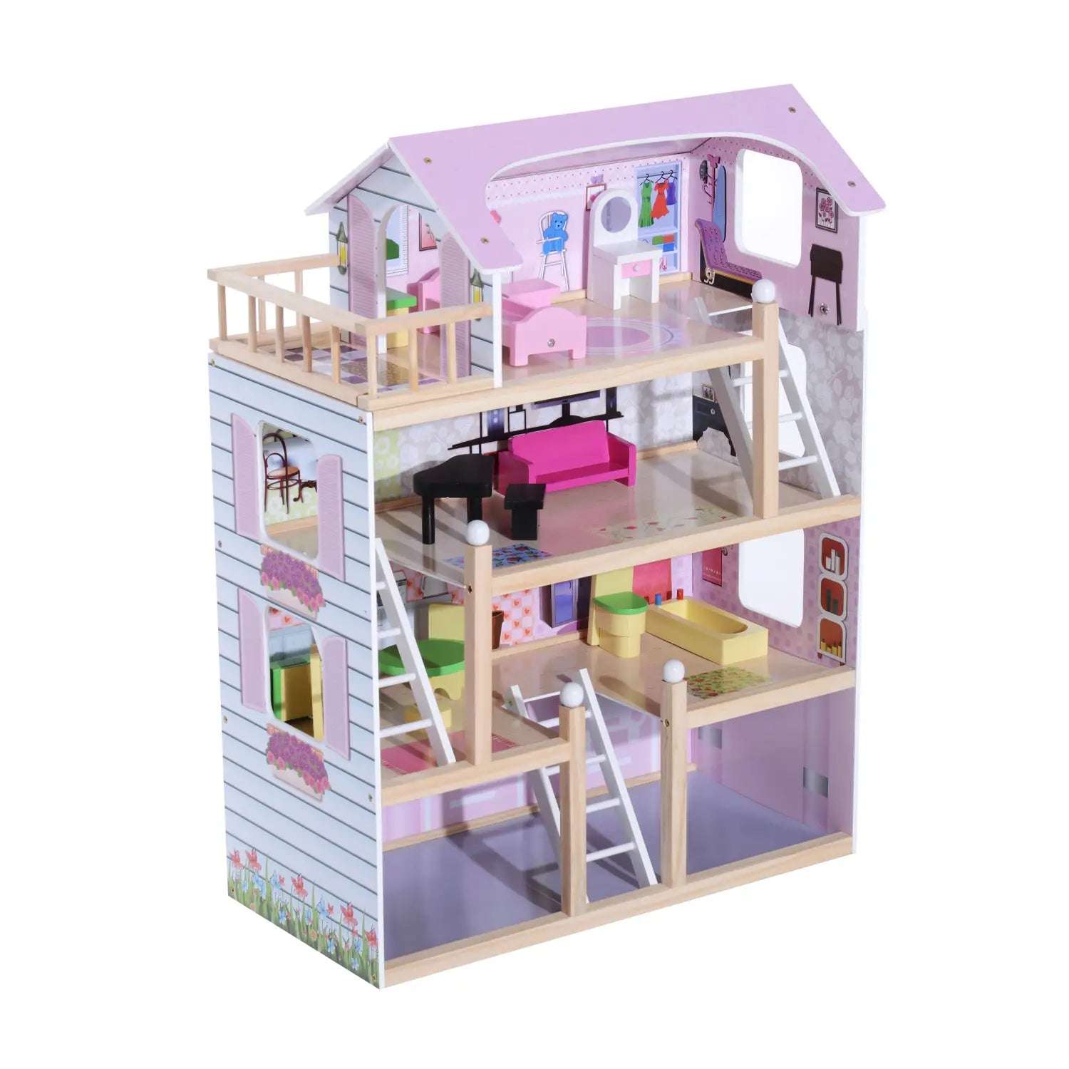 Casa de Bonecas com Móveis 4 Andares e 13 Acessórios Rosa