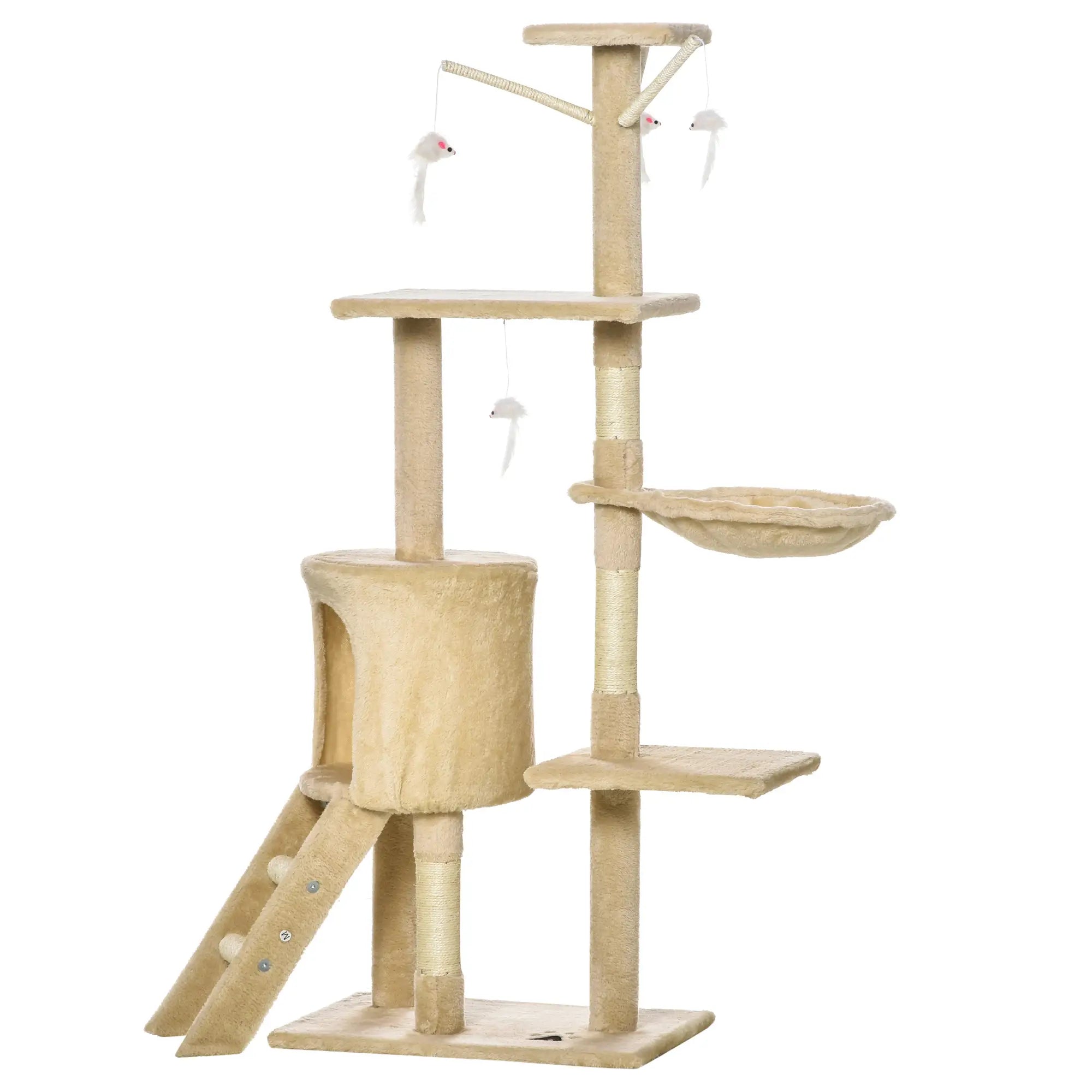Arranhador para Gatos de 134,2 cm com Caverna Plataformas Rato de Brinquedo Rede e Postes de Sisal 50x35x134,2 cm Cinza