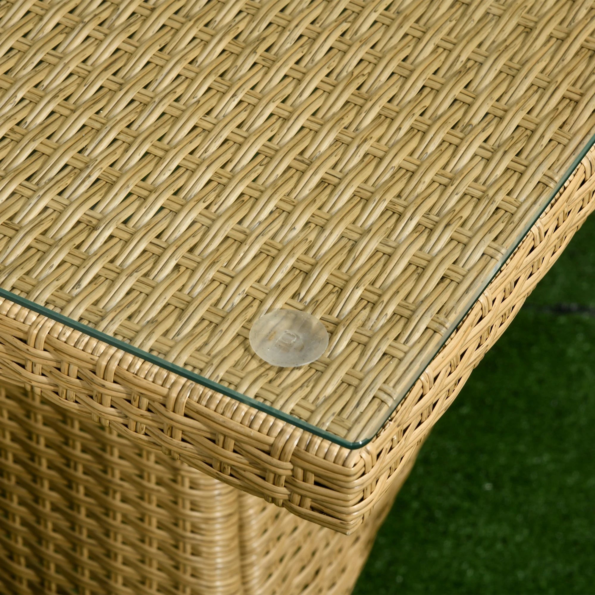 Conjunto de Jardim Refeição de Vime PE com 7 Peças Mesa com Bancada de Vidro e 6 Cadeiras Empilháveis Areia e Bege