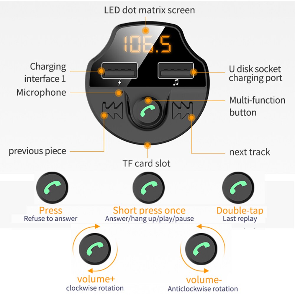 Transmissor Fm para automóvel Bluetooth 5.0 Adaptador de modulador de leitor Mp3 para automóvel Tensão da bateria Cartão TF Mãos-livres Chip inteligen