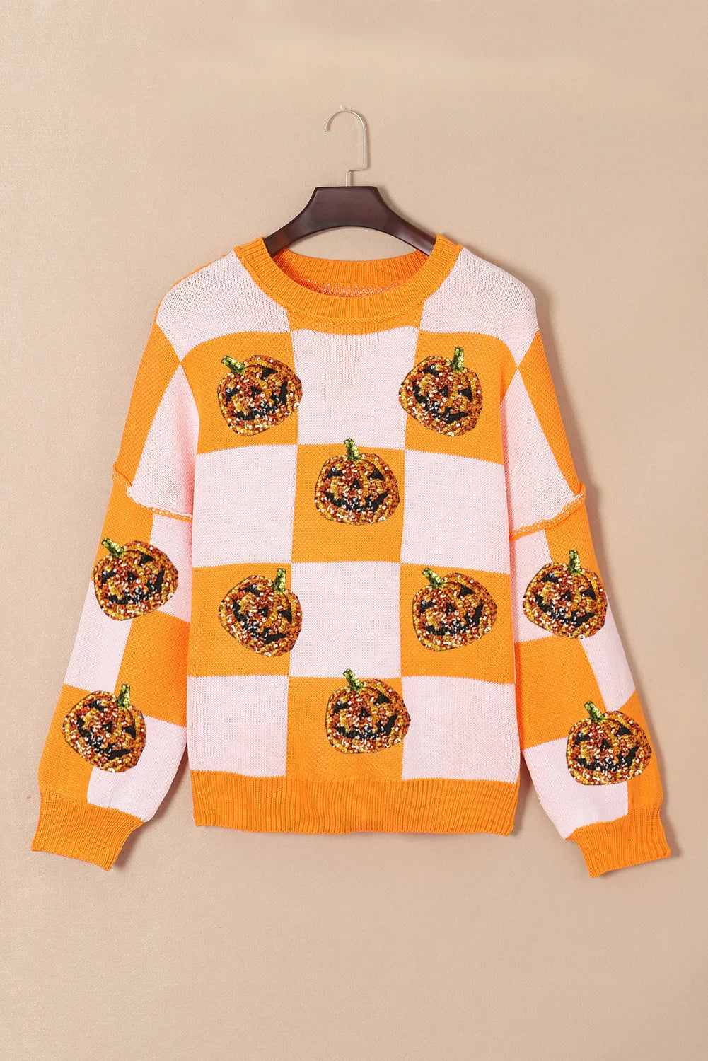Camisola de manga comprida com gola redonda e xadrez abóbora