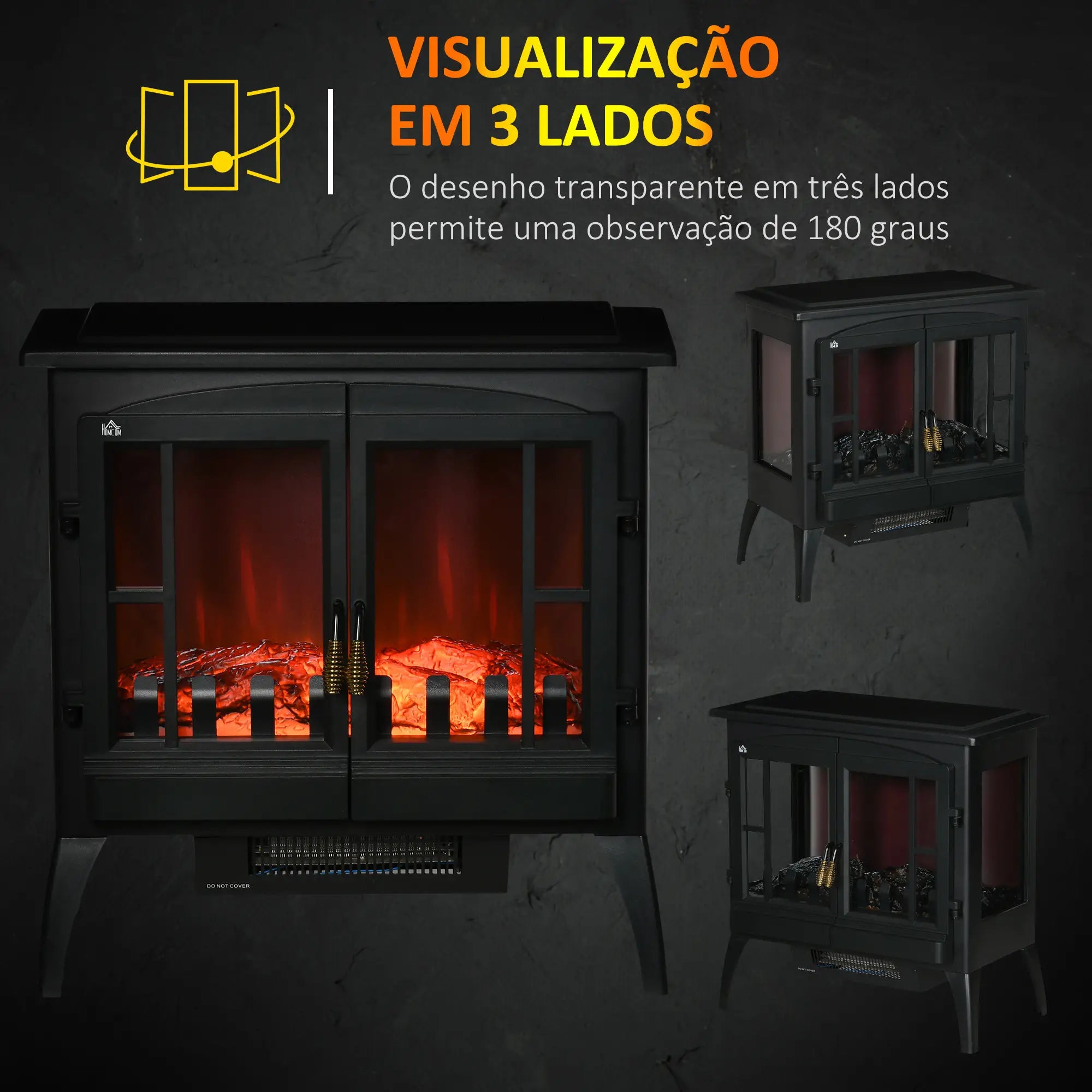 Lareira Elétrica 1000W/2000W com Luzes LED Chamas Realistas e Proteção Contra Superaquecimento para 15-20 ㎡ 60x37x60,5 cm Preto