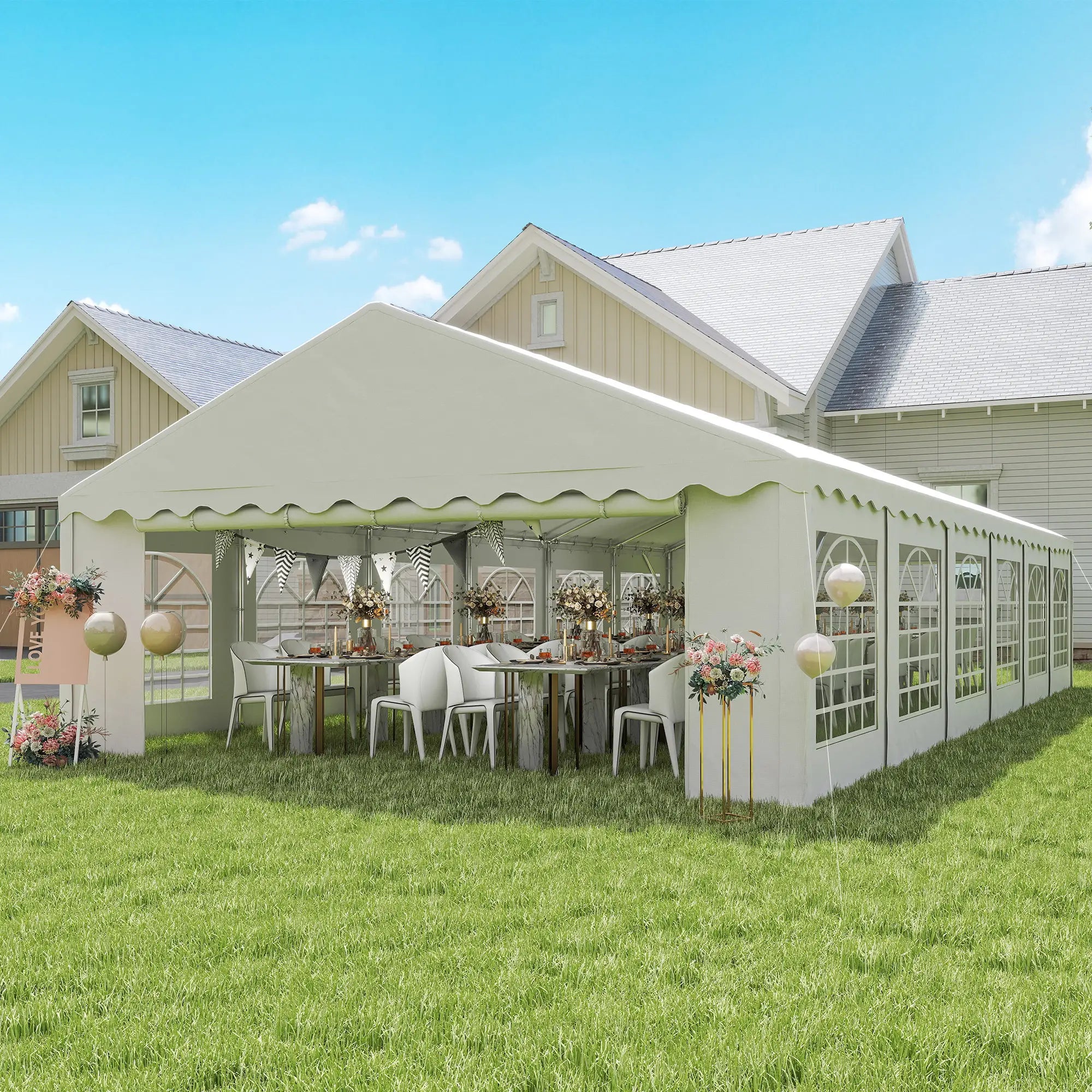 Tenda para Eventos 12x6m Tenda de Jardim com 12 Paredes Laterais Amovíveis e 12 Janelas Impermeável Proteção UV 30+ Branco