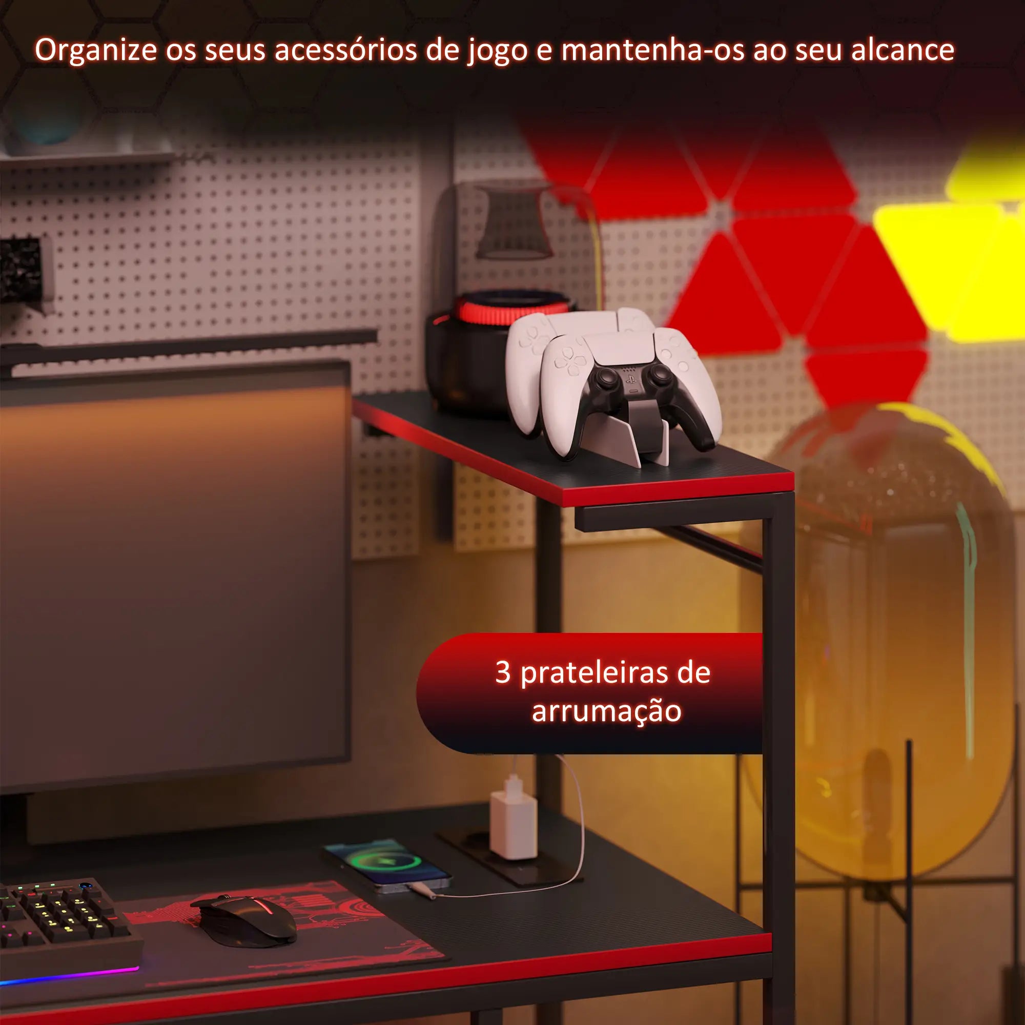 Secretária Gaming com Luzes LED 100x50 cm Secretária Gaming de Fibra de Carbono com Tomadas de Corrente e Controlo Remoto Preto
