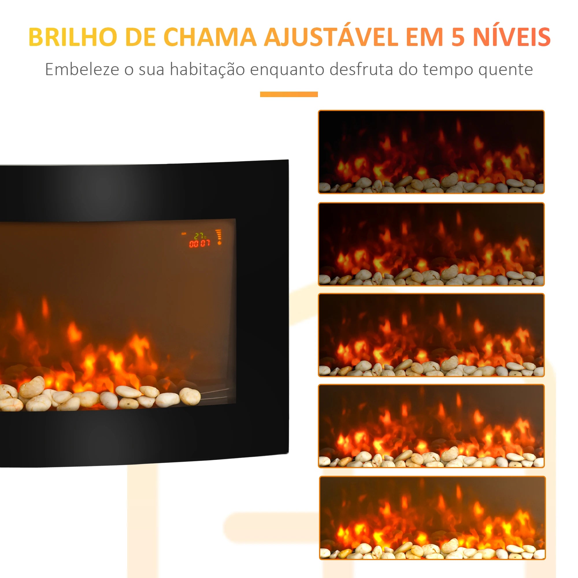 Lareira Elétrica de Parede com Efeito de Chama Realista Luzes LED e Potência Ajustável 1000W/2000W 89,2x13,5x48cm Preto