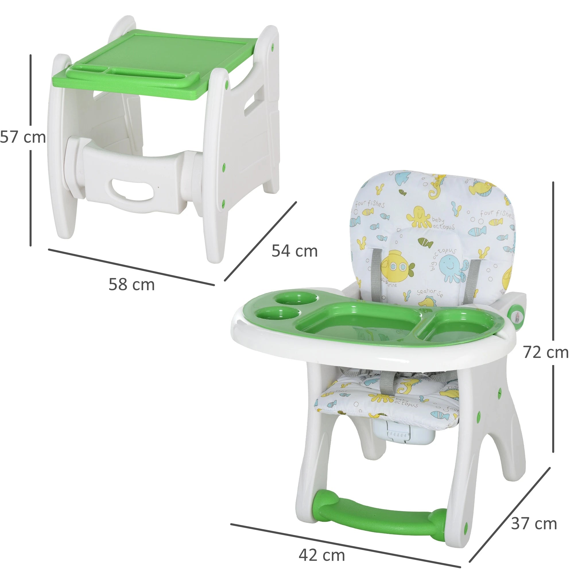 Cadeira para bebês 3 em 1 ajustável verde com mesa integrada