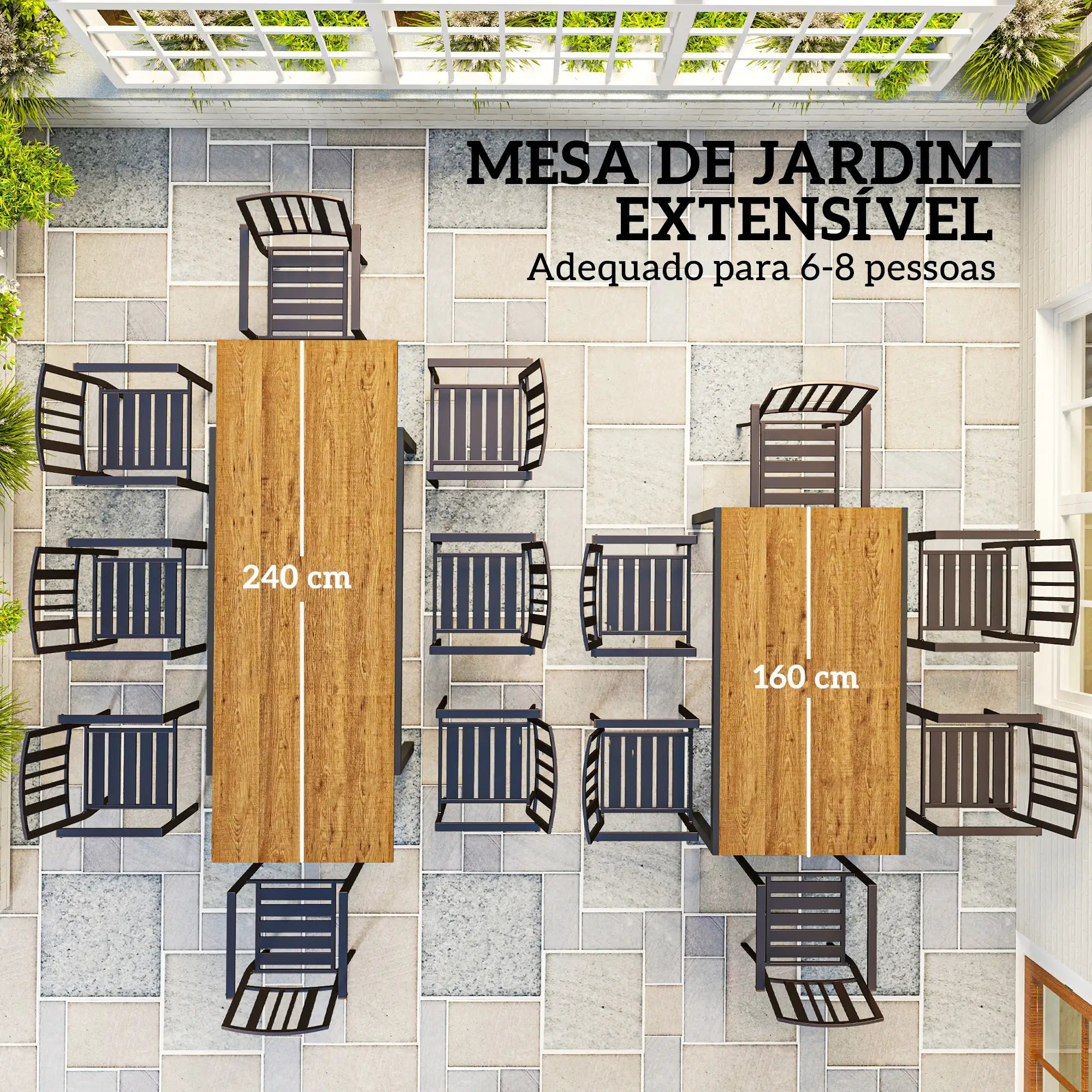 Mesa de Refeição Extensível Mesa de Jardim Ajustável com Bordo de Alumínio para 6-8 Pessoas 160/240x90x74 cm Marrom