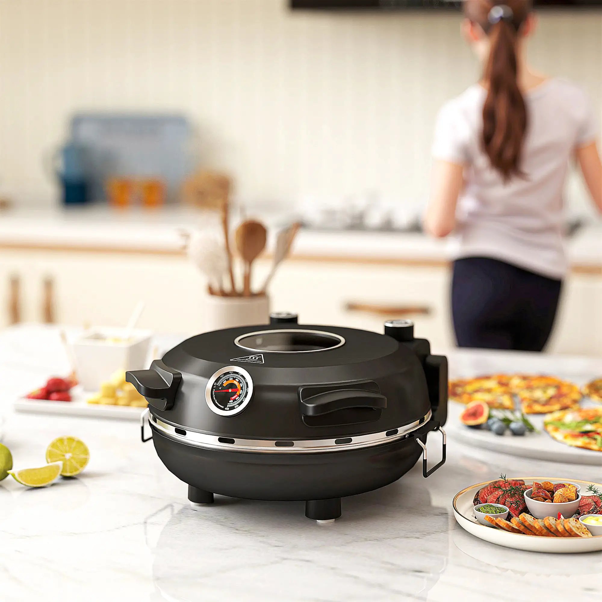 Forno para Pizza 1200W Forno Pizza Eléctrico com Temporizador 15 min Temperatura até 430℃ 34,5x35x16,5 cm Preto