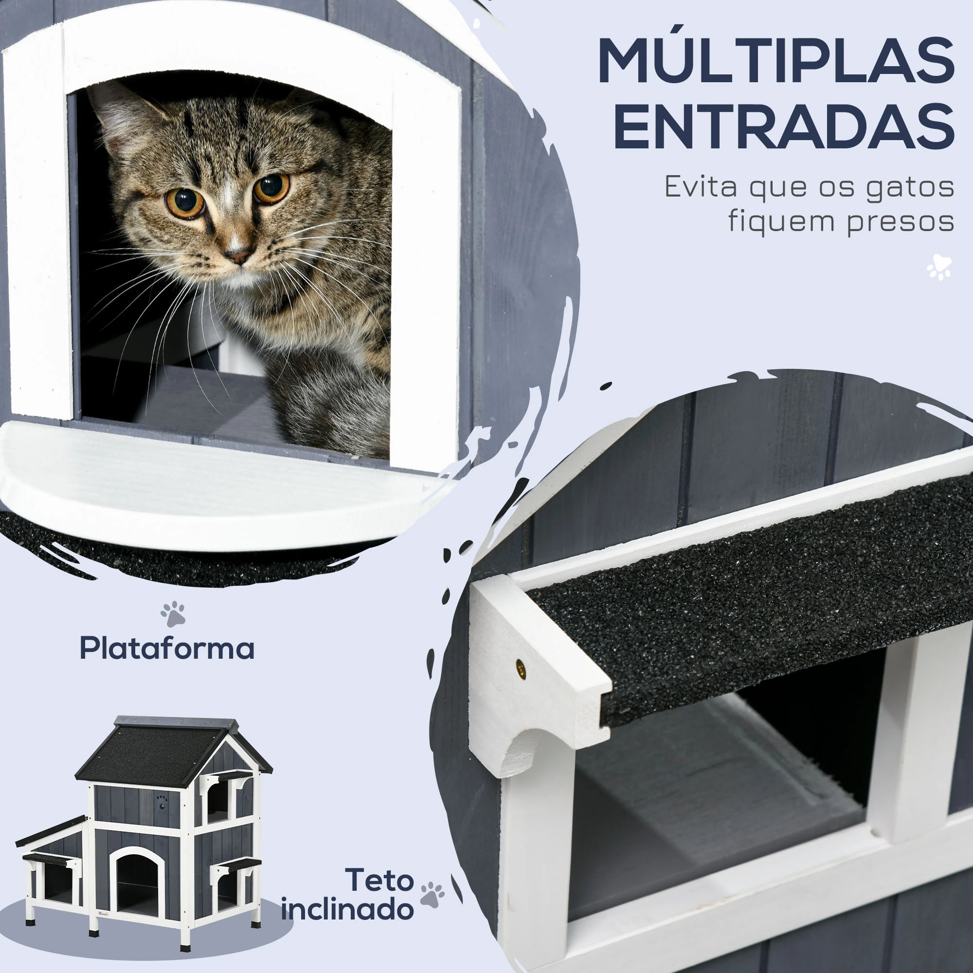 Casa para Gatos de Madeira com Suporte para Flores de 2 Níveis e Teto Asfáltico 96x65x85,5 cm Cinza
