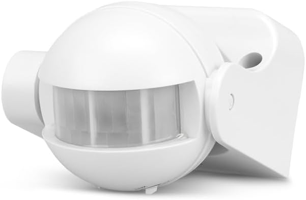 Garza - Detector de movimento por infravermelhos orientável para interior e exterior, proteção IP44, tempo e luminosidade reguláveis, ângulo de deteção de 180º, branco