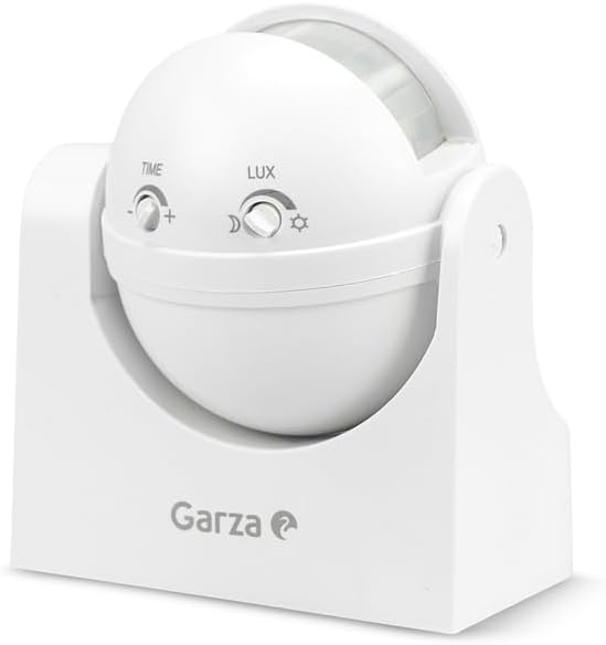 Garza - Detector de movimento por infravermelhos orientável para interior e exterior, proteção IP44, tempo e luminosidade reguláveis, ângulo de deteção de 180º, branco