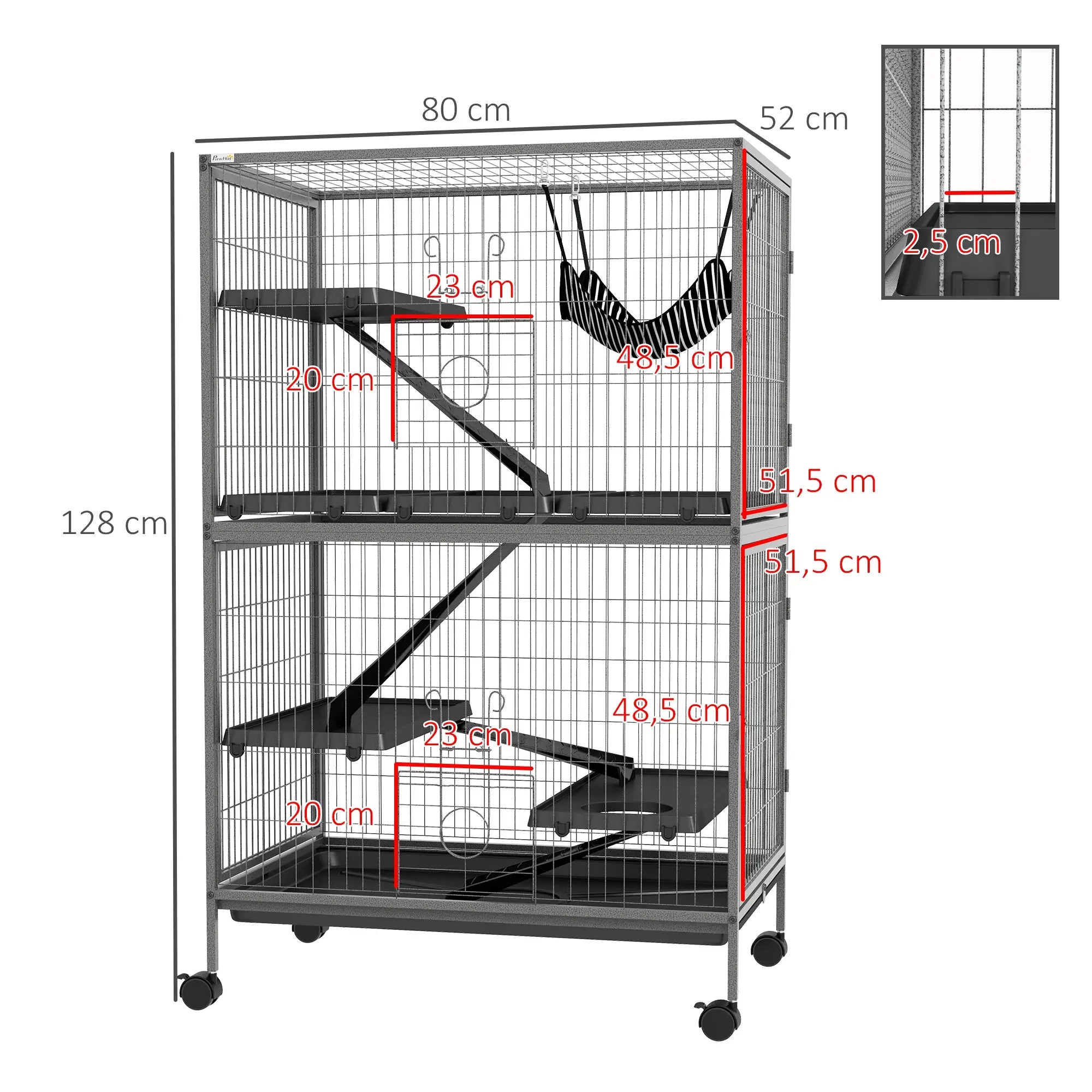 Gaiola para Roedores 80x52x128 cm com Rodas e 4 Níveis Cinza Escuro