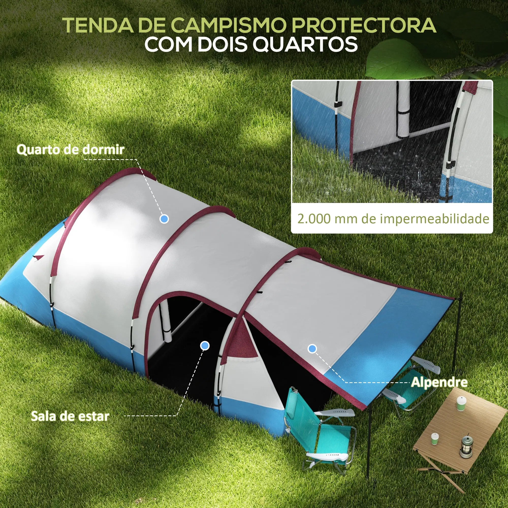 Tenda de Campismo Familiar para 2-3 Pessoas com Sala de Estar Impermeável