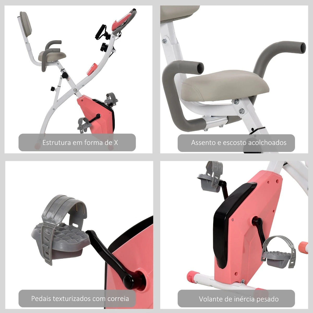 Bicicleta Estática Dobrável com Encosto e Faixa Elástica Rosa