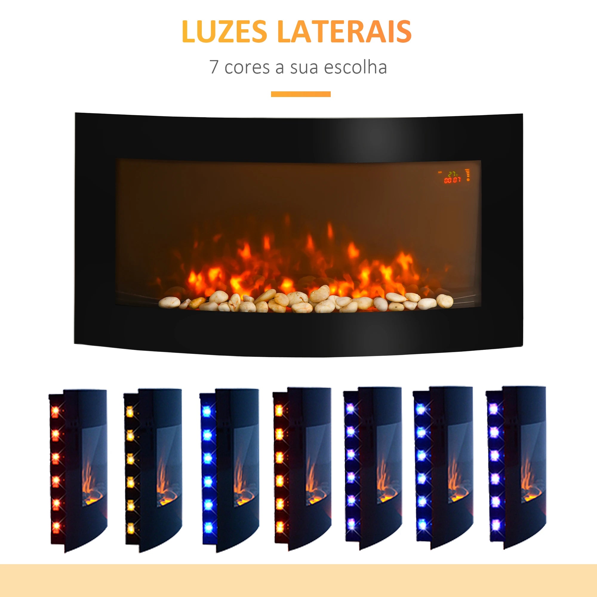 Lareira Elétrica de Parede com Efeito de Chama Realista Luzes LED e Potência Ajustável 1000W/2000W 89,2x13,5x48cm Preto