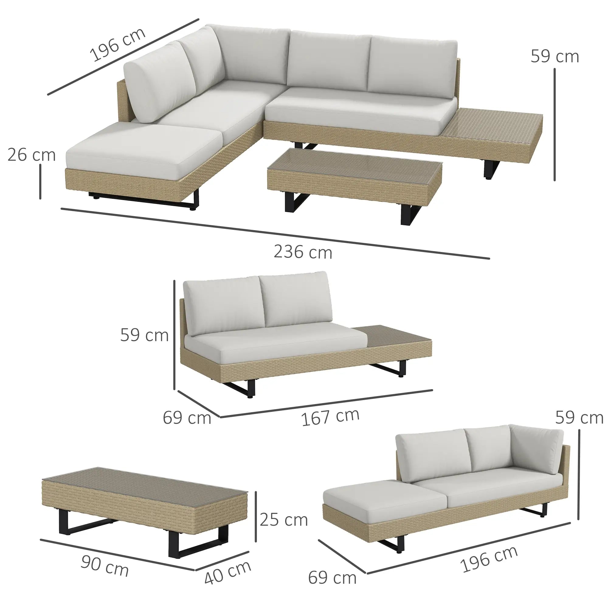 Conjunto de Móveis de Vime 3 Peças Mesa de Centro Sofá Duplo e Sofá de 3 Lugares para Terraço Jardim Pátio Bege