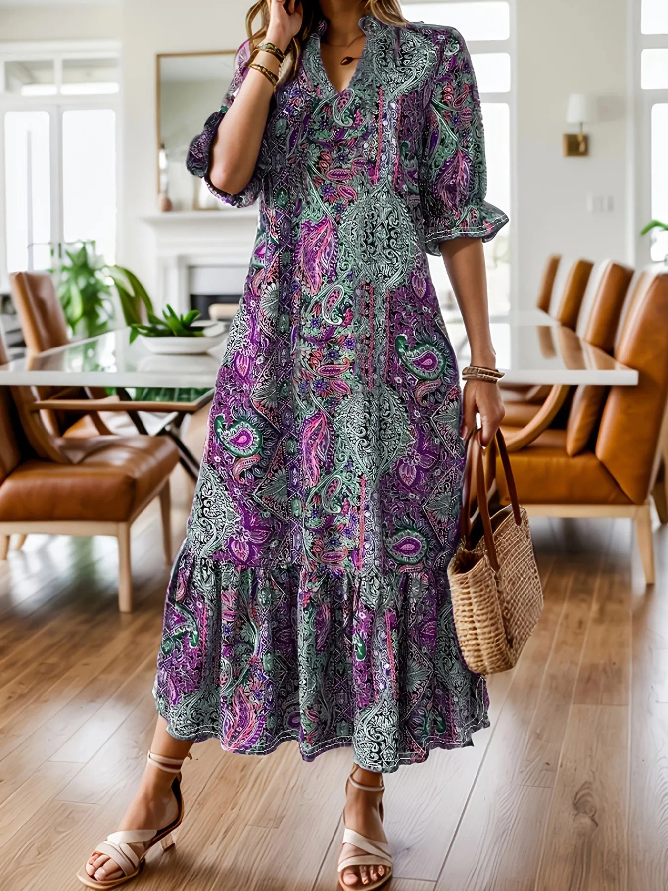 Vestido midi com estampado paisley boémia e folhos, tamanho grande, plus size