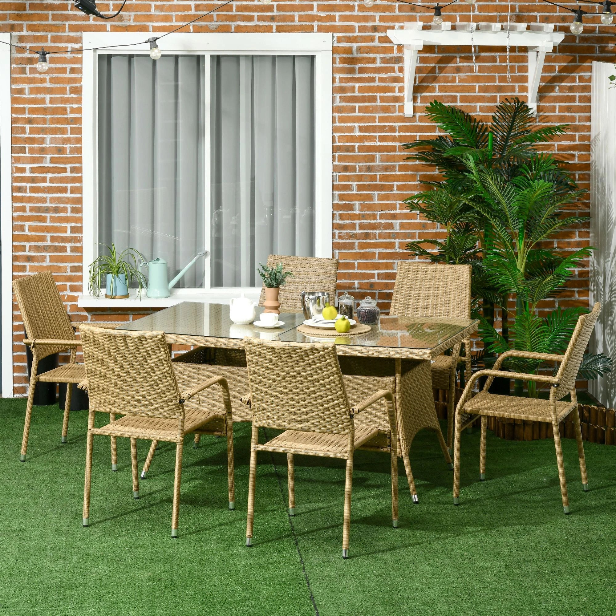 Conjunto de Jardim Refeição de Vime PE com 7 Peças Mesa com Bancada de Vidro e 6 Cadeiras Empilháveis Areia e Bege