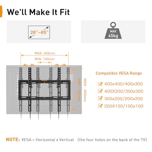 Perlegear Suporte de parede para TV de 26 a 65 polegadas - Suporte de TV de parede inclinável com carga de 45 kg, VESA máx. 400x400 mm