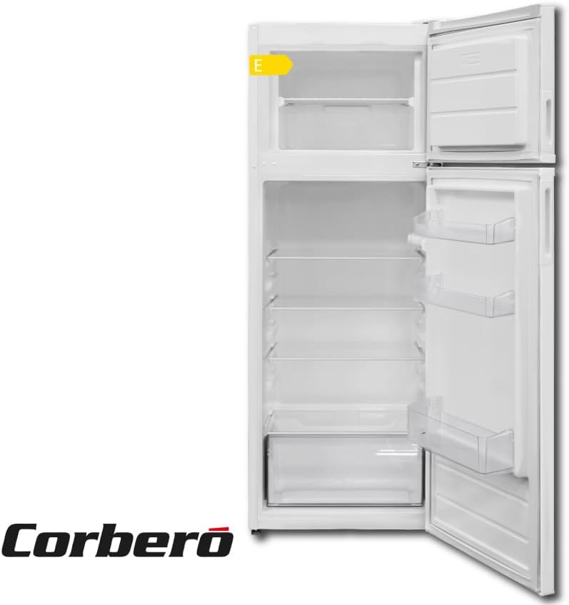 Corbero - Frigorífico 2P CF2PV21324W | Capacidad 212L | Blanco | Luz Interior, Crisper, Balcones Ajustables, Descongelación Manual, Estantes de Cristal, Huevera, Cubiteras | Eficiencia Energética E