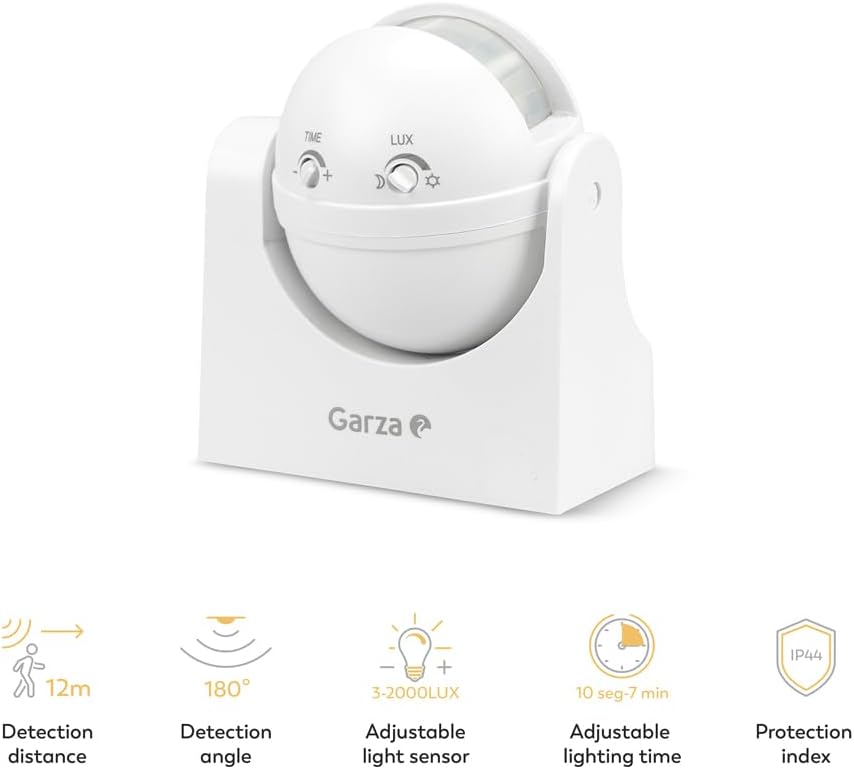 Garza - Detector de movimento por infravermelhos orientável para interior e exterior, proteção IP44, tempo e luminosidade reguláveis, ângulo de deteção de 180º, branco