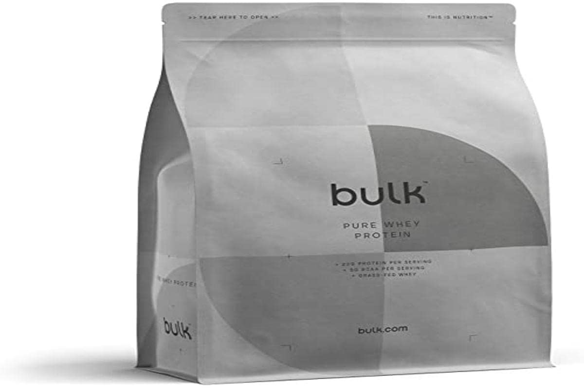 Bulk Pure Whey Protein, 500 g, 16 doses, produto rico em proteínas, baixo teor de açúcar, absorção rápida, sem adição de sabores, 5 g de BCAA por cacito, as embalagens e embalagens podem variar