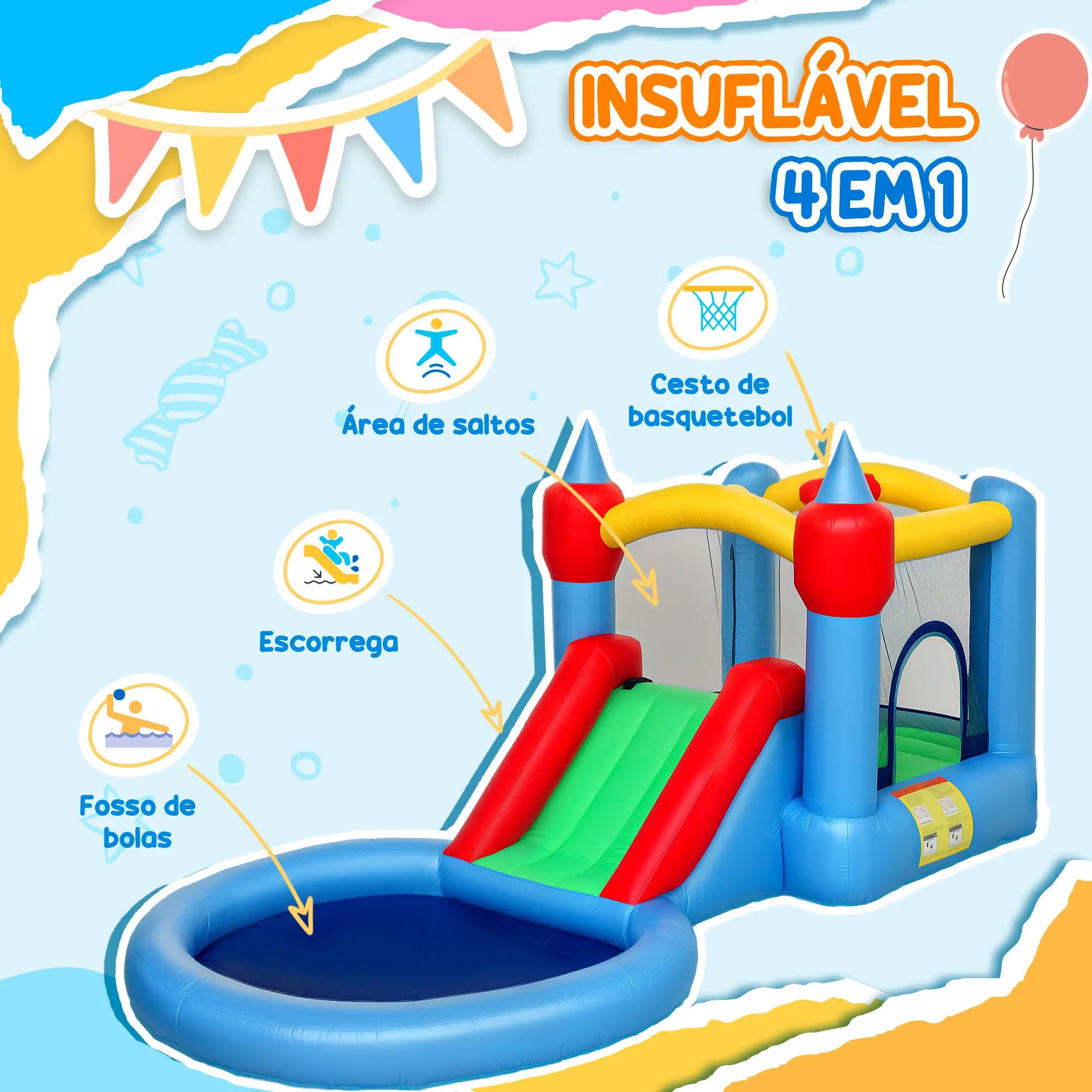 Castelo Insuflável Multiactividades com Escorrega e Piscina de Bolas
