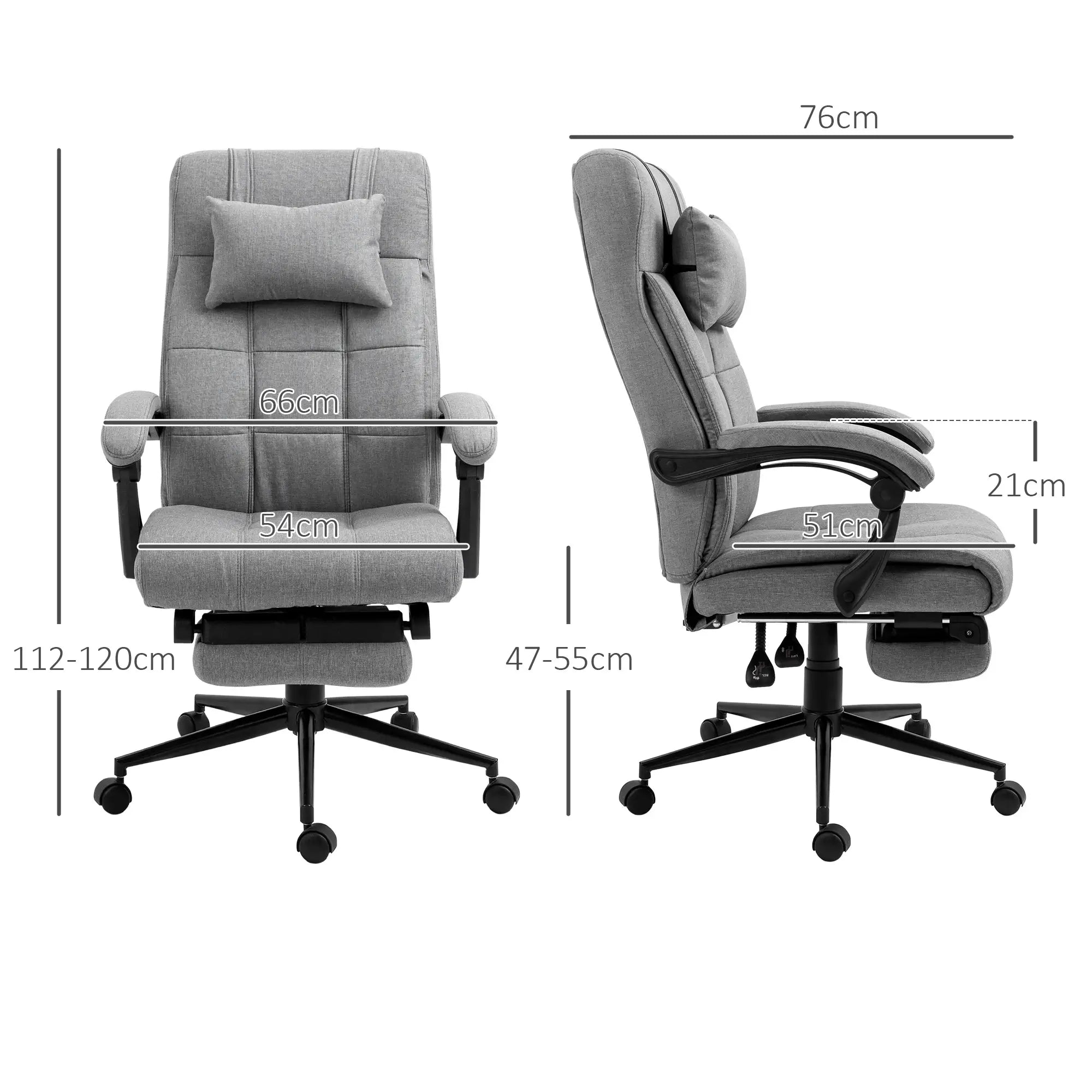 Cadeira de Escritório Reclinável Estofada em Tecido com Altura Ajustável e Apoio para os Pés 66x76x116-124 cm Cinza