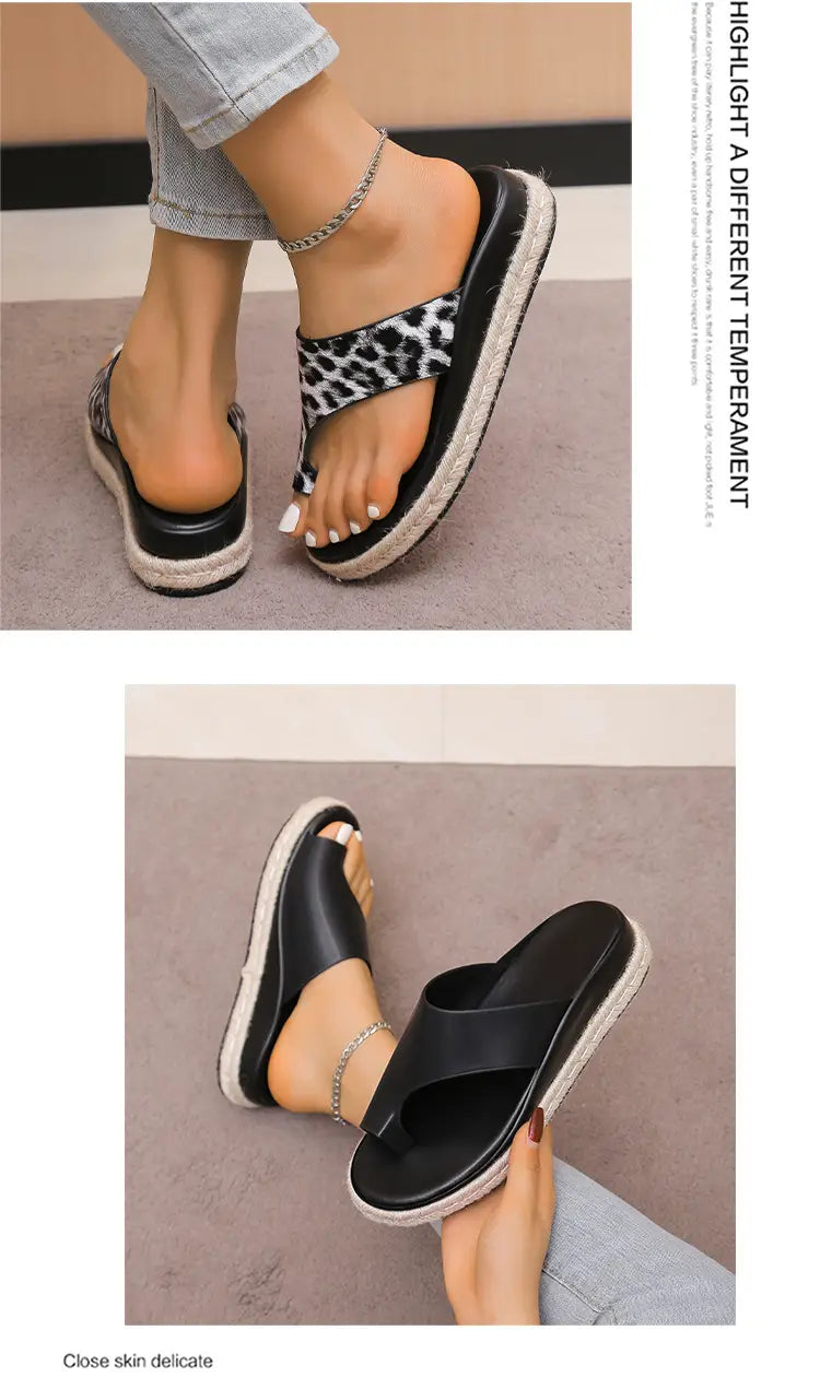 Sandálias de senhora de sola grossa com padrão leopardo