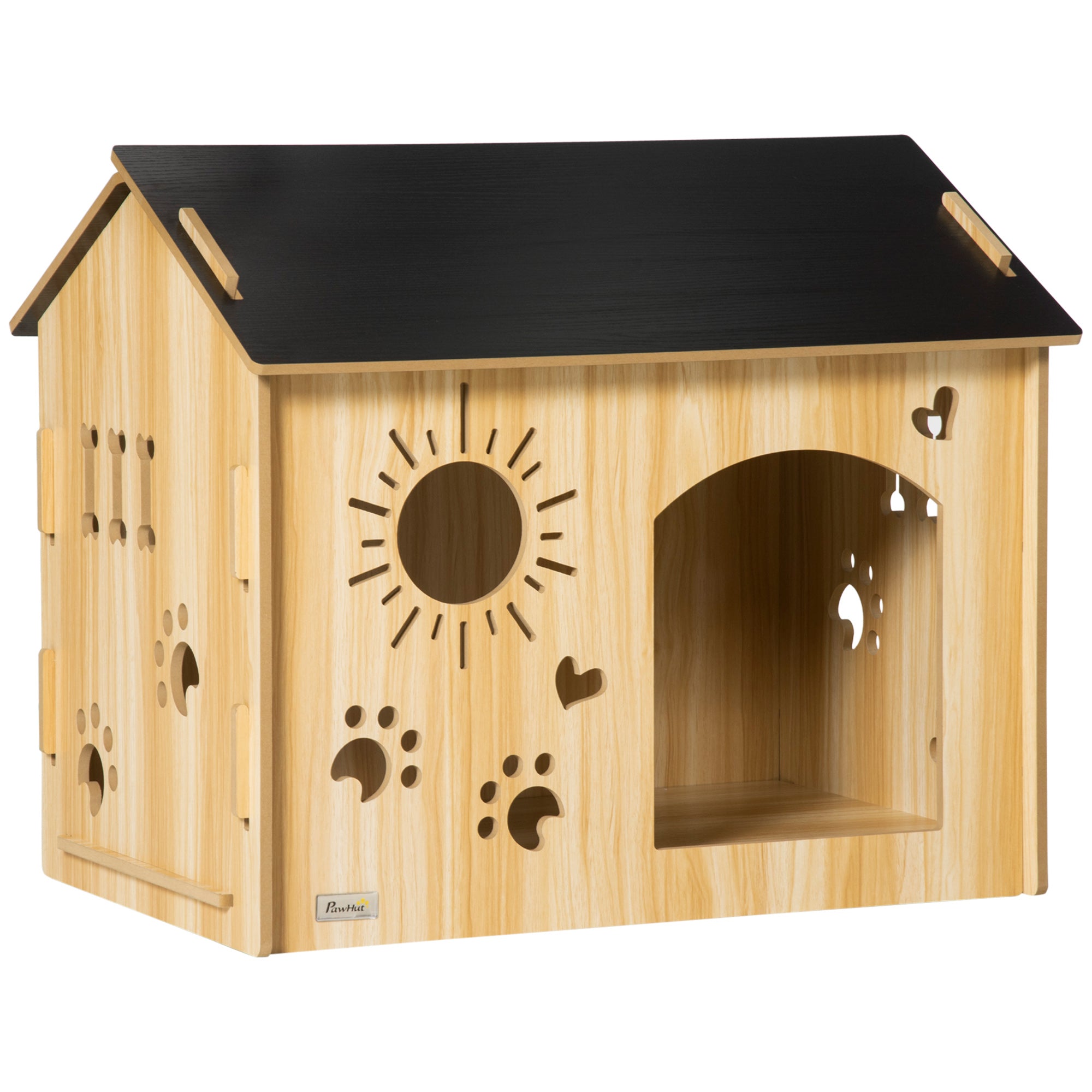Casa de madeira para cães com porta e desenhos modernos 69x50x58,5cm