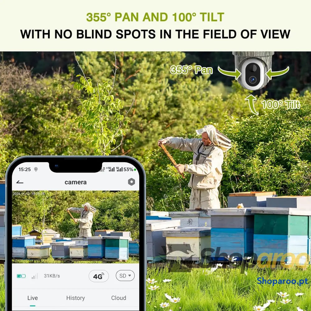 4G Câmara de vigilância exterior com painel solar 2K câmara sem fios monitorização movimento PIR panorâmica 360° áudio