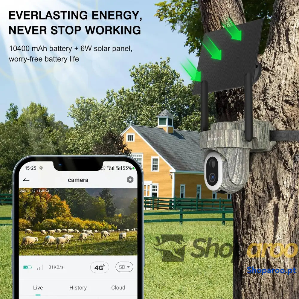 4G Câmara de vigilância exterior com painel solar 2K câmara sem fios monitorização movimento PIR panorâmica 360° áudio