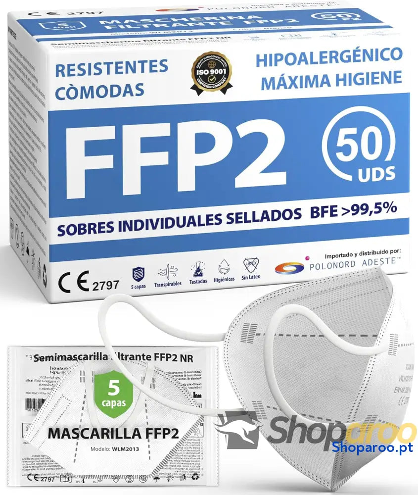 50 máscaras FFP2 brancas com certificação CE cadeia controlada elásticos confortáveis hipoalergénicos e ajustáveis.