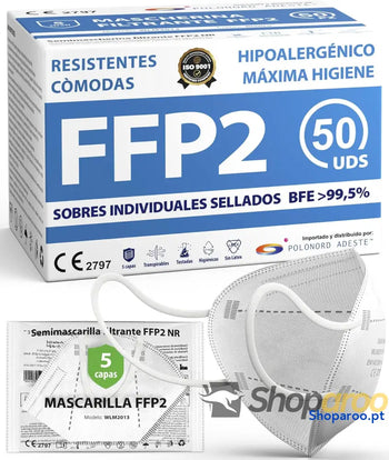 50 máscaras FFP2 brancas com certificação CE cadeia controlada elásticos confortáveis hipoalergénicos e ajustáveis.