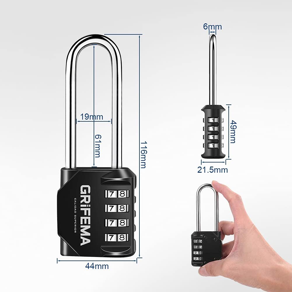 GRIFEMA, GA1002, Candado de Combinación Extendido, 2 Piezas, Cerradura de Combinación de 4 dígitos para Escuela, Adecuada para gimnasio, Maleta de Equipaje, Negro, Largo