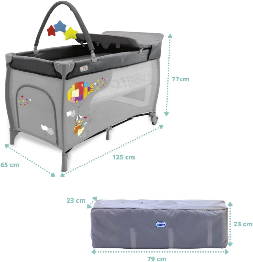 Asalvo Berço de viagem 4 em 1 para bebé com altura dupla, arco de jogos, dobrável compacto, base acolchoada e bolsa de transporte Mix Plus Zeppelin cinzento