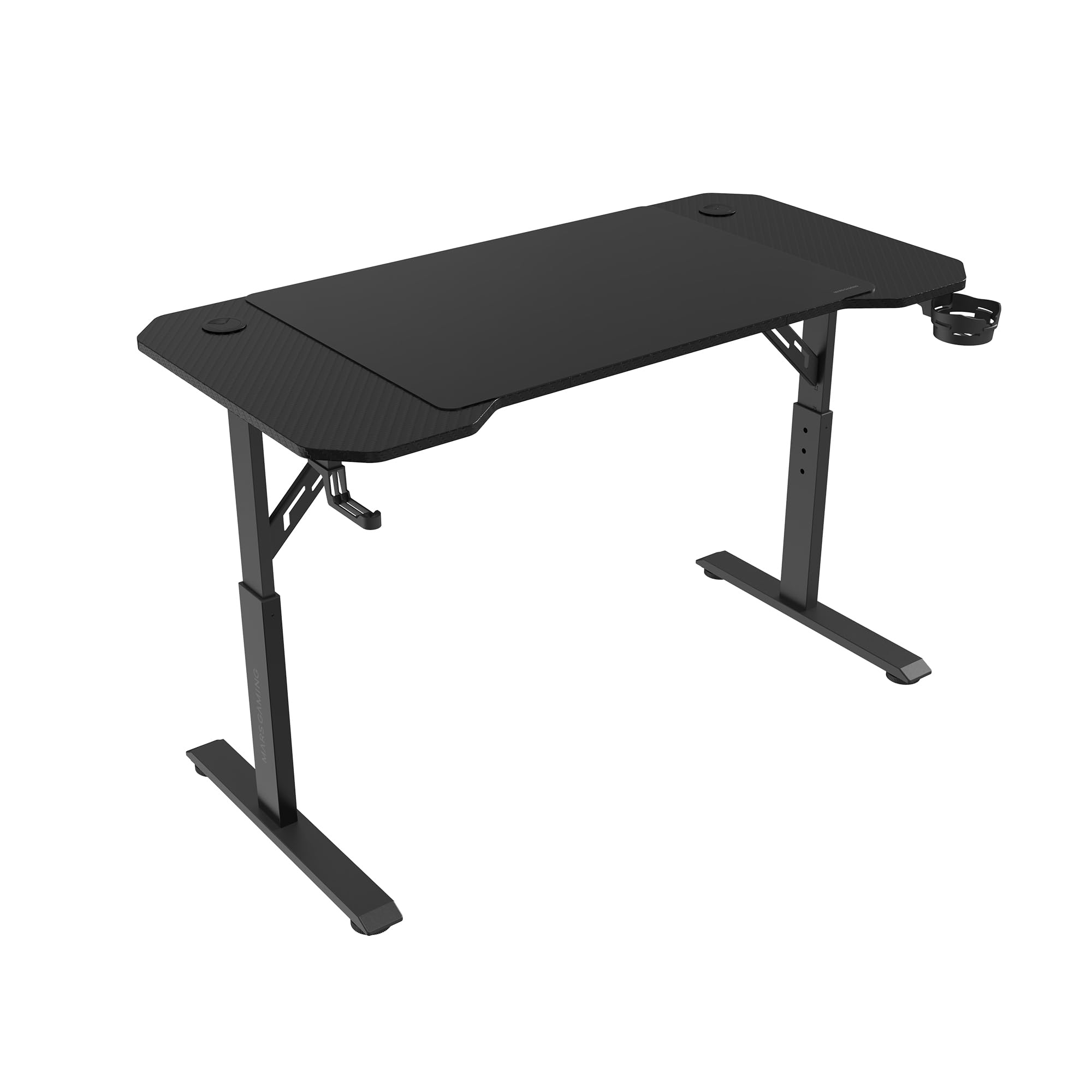 Mars Gaming MGD-X160RGB, Mesa de jogos ergonómica, iluminação ARGB com comando, fibra de carbono, tapete XXL, suporte auriculares e bebida, gestão com cabos, secretária Gaming 160 x 60 cm, preto