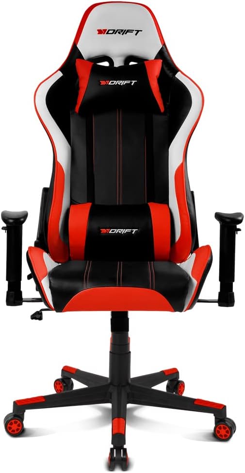 DRIFT GAMING DR175 - Cadeira Gaming profissional, couro sintético, apoio de braços ajustáveis 2D, pistão classe 4, giratória, mecanismo de borboleta, almofada lombar e cervical, cor preto/branco