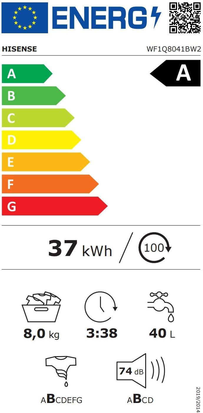 Hisense WF1Q8041BW2 - Máquina de lavar roupa, classe A, 8 kg, 1400 rpm, altura 85 cm x largura 60 cm, branco, função de vapor 99,9%, lavagem rápida, lavagem automática, conclusão diferida, Tecnologia