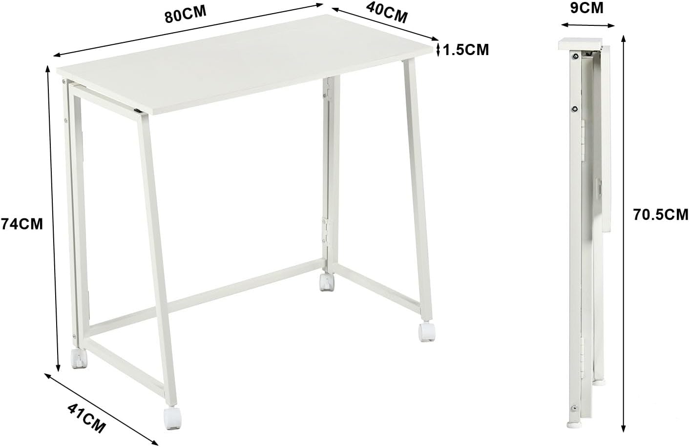 MEUBLE COSY Escritorio Plegable con Ruedas Mesa de Ordenador para Ahorrar Espacio Oficina Hogar Estudio, Estructura de Acero, Escandinavo, Montaje Sencillo, Blanco