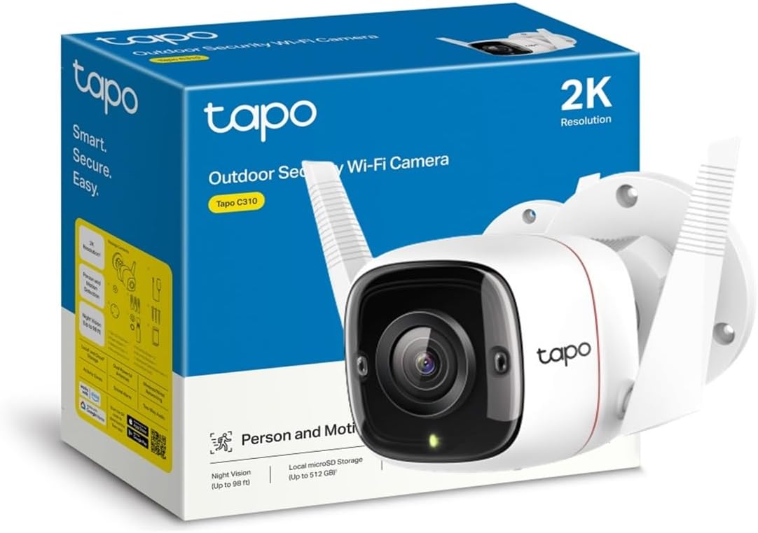 Tapo Camara Vigilancia WiFi Exterior,Cámara 2K 3MP sin batería,IP66 a Prueba de Agua y Polvo, hasta 30m Visión Nocturna, Detección de Movimiento & Alarma Instantánea,Admite Tarjeta SD de 128GB
