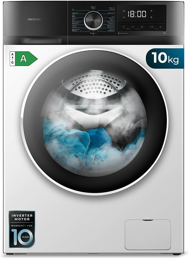 Cecotec Lavadora 10 kg de carga frontal Bolero Dresscode 10500 Inverter A. 1950W, 1400 rpm, Inverter Motor Plus, baixo consumo, 16 programas, lavagem a vapor, Delay Start, branca