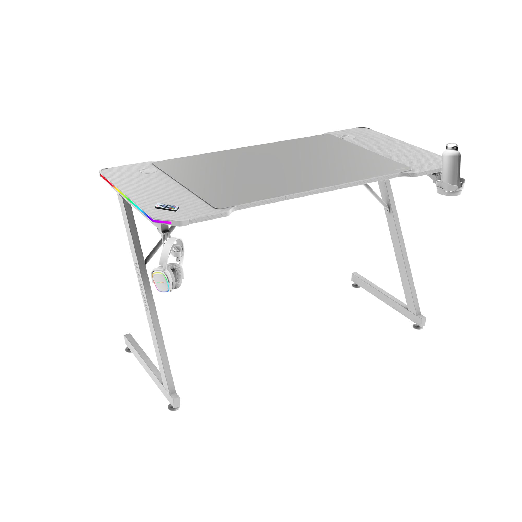 Mars Gaming MGD-X160RGB, Mesa de jogos ergonómica, iluminação ARGB com comando, fibra de carbono, tapete XXL, suporte auriculares e bebida, gestão com cabos, secretária Gaming 160 x 60 cm, preto