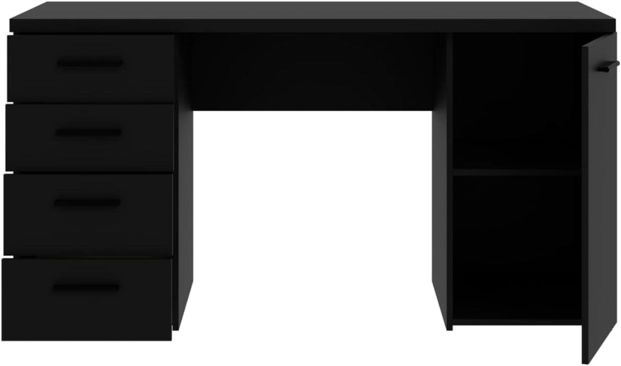 Forte Escritorio NET106 Negro con 1 Puerta y 4 cajones, Material de Madera, Negro, 145 cm de Ancho, 76,3 cm de Alto y 60 cm de Profundidad