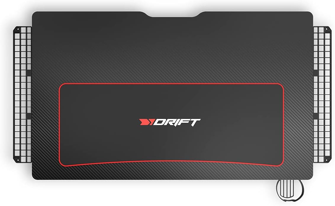 Drift Gaming DRDZ75 - Mesa de jogos com placa com acabamento em fibra de carbono coberto por um tapete Full Size, suporte para canecas e auriculares, pernas reguláveis, cor preta