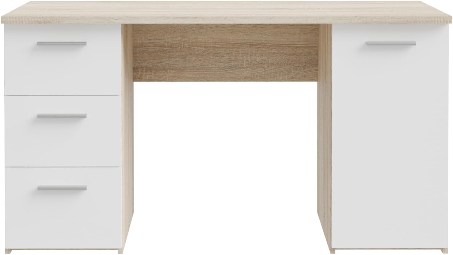 Forte NET307 - Escritorio con 1 Puerta y 3 cajones, Madera de Roble Sonoma con Blanco, 138 x 75 x 60 cm