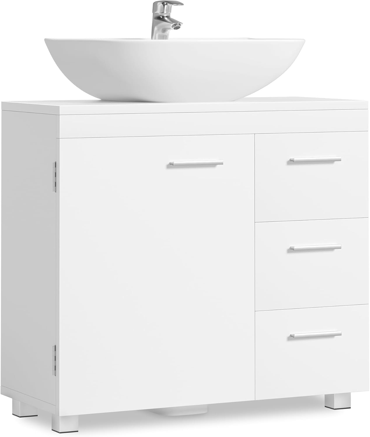 VASAGLE Móveis de lavatório baixo, armário de casa de banho, 3 gavetas, 2 compartimentos atrás da porta, adequado para lavatórios com pedestal, com pés, 30 x 70 x 64 cm, branca nuvem BBK504W01