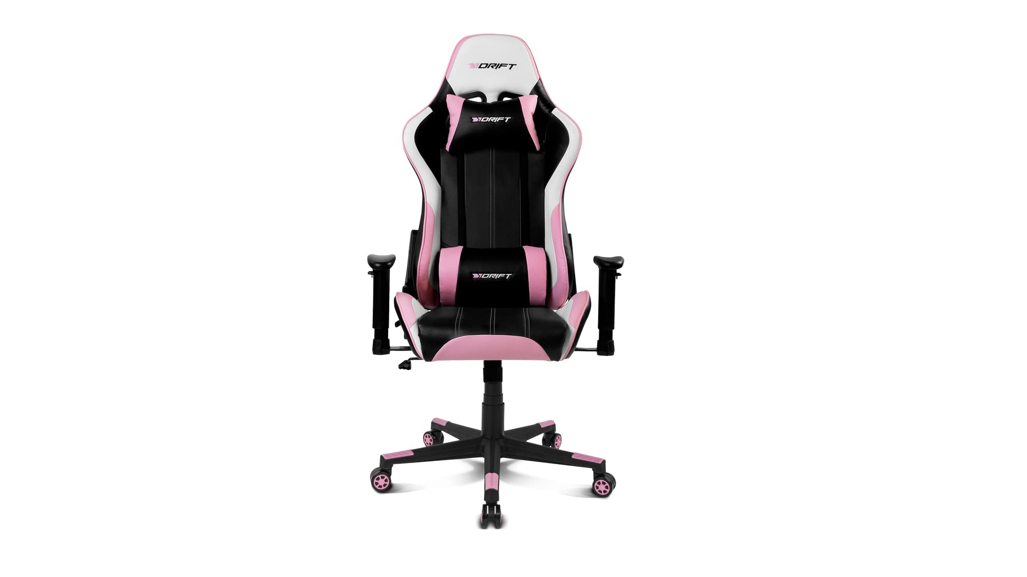 DRIFT GAMING DR175 - Cadeira Gaming profissional, couro sintético, apoio de braços ajustáveis 2D, pistão classe 4, giratória, mecanismo de borboleta, almofada lombar e cervical, cor preto/branco